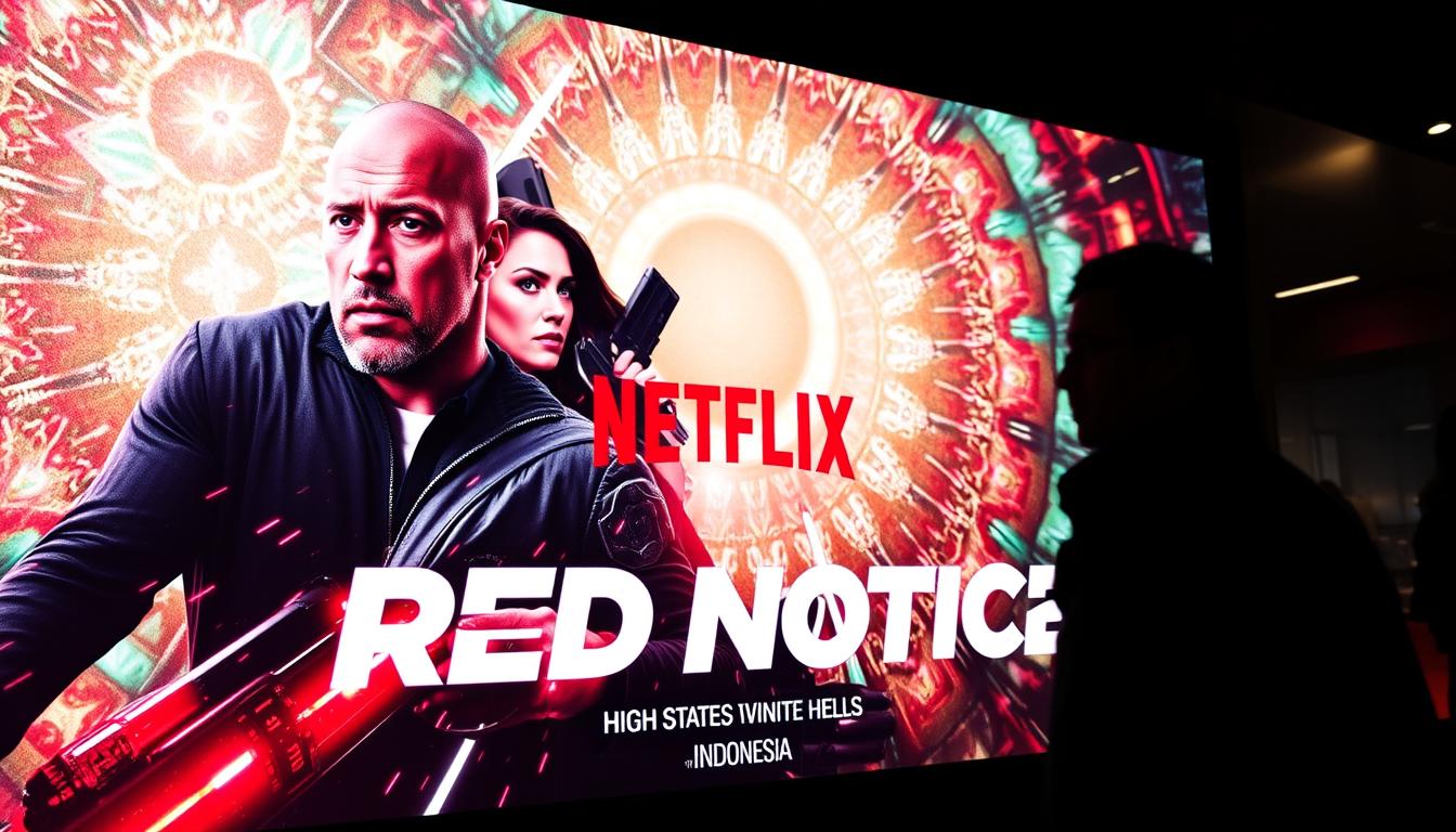 A vibrant, dynamic advertising campaign for the Netflix film "Red Notice" unfolds on a digital display. In the foreground, a striking montage of the movie's stars - Dwayne Johnson, Gal Gadot, and Ryan Reynolds - catches the eye, rendered in a bold, cinematic style. The middle ground features a stylized logo and title treatment, pulsing with energy and visual flair. In the background, a kaleidoscope of vivid colors and geometric patterns creates a captivating, immersive backdrop, evoking the film's high-stakes, globe-trotting narrative. Dramatic lighting casts dramatic shadows, lending an air of mystery and intrigue. The overall composition conveys the blockbuster appeal and marketing hype surrounding the release of "Red Notice" in Indonesia.
