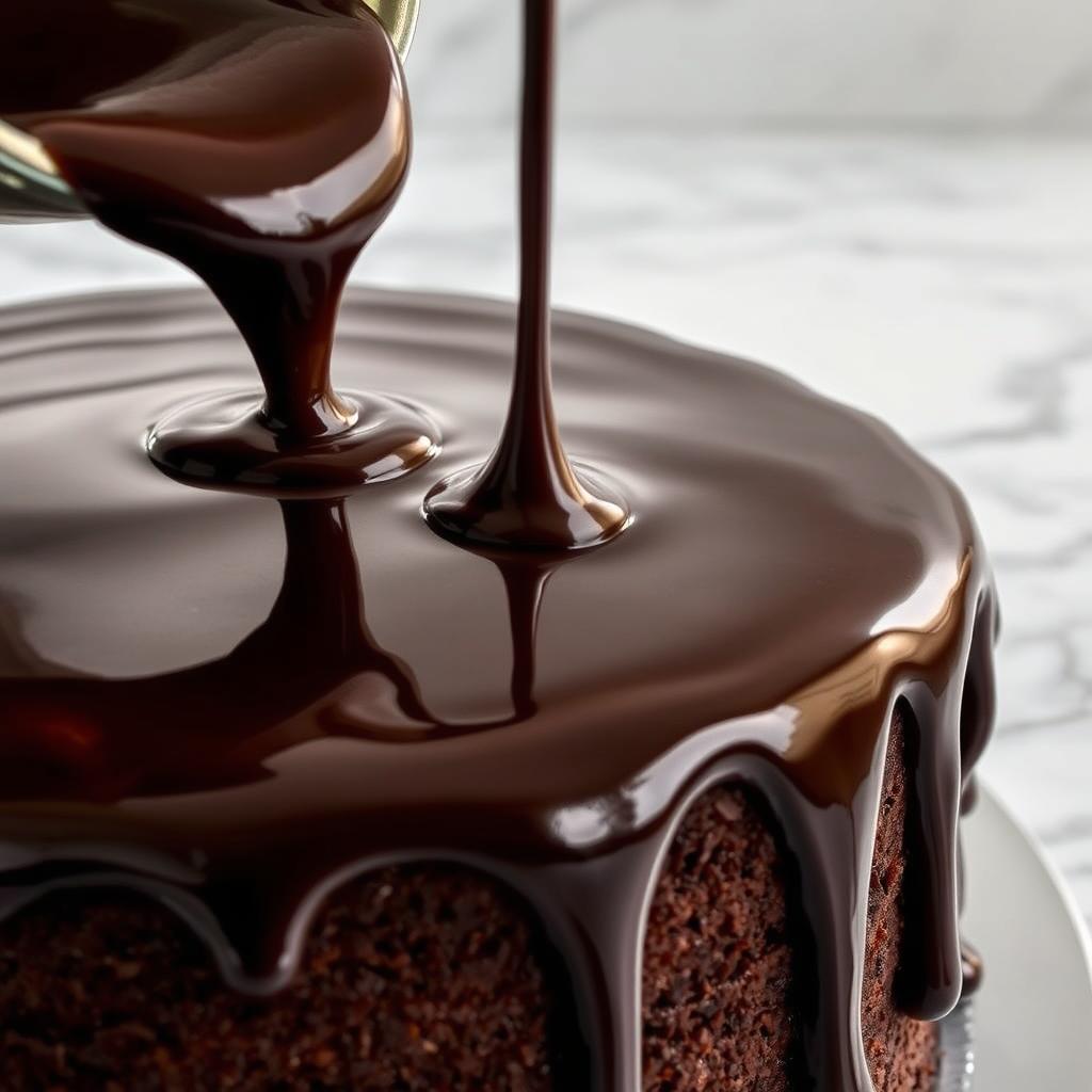 Chocolate ganache being poured over cake
