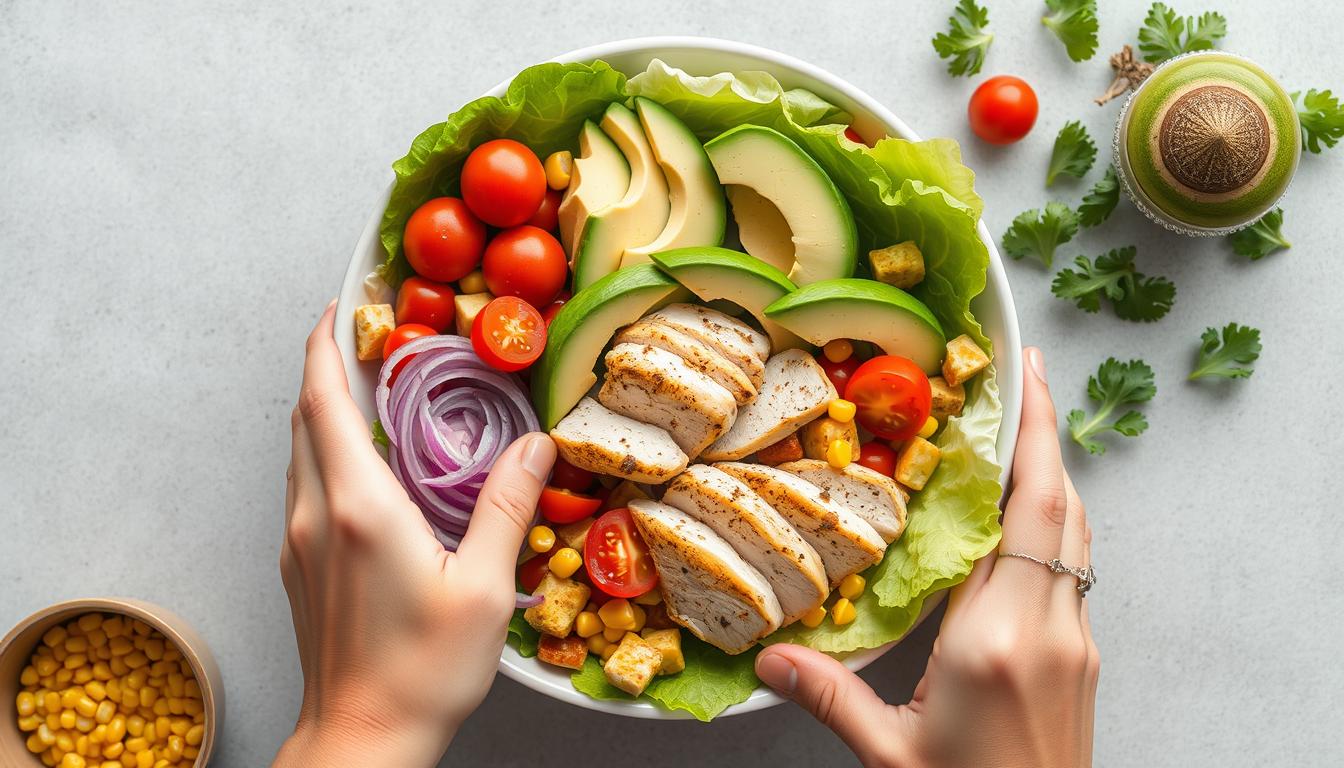 Hands arranging ingredients in the Grilled Chicken & Avocado Salad Bowl