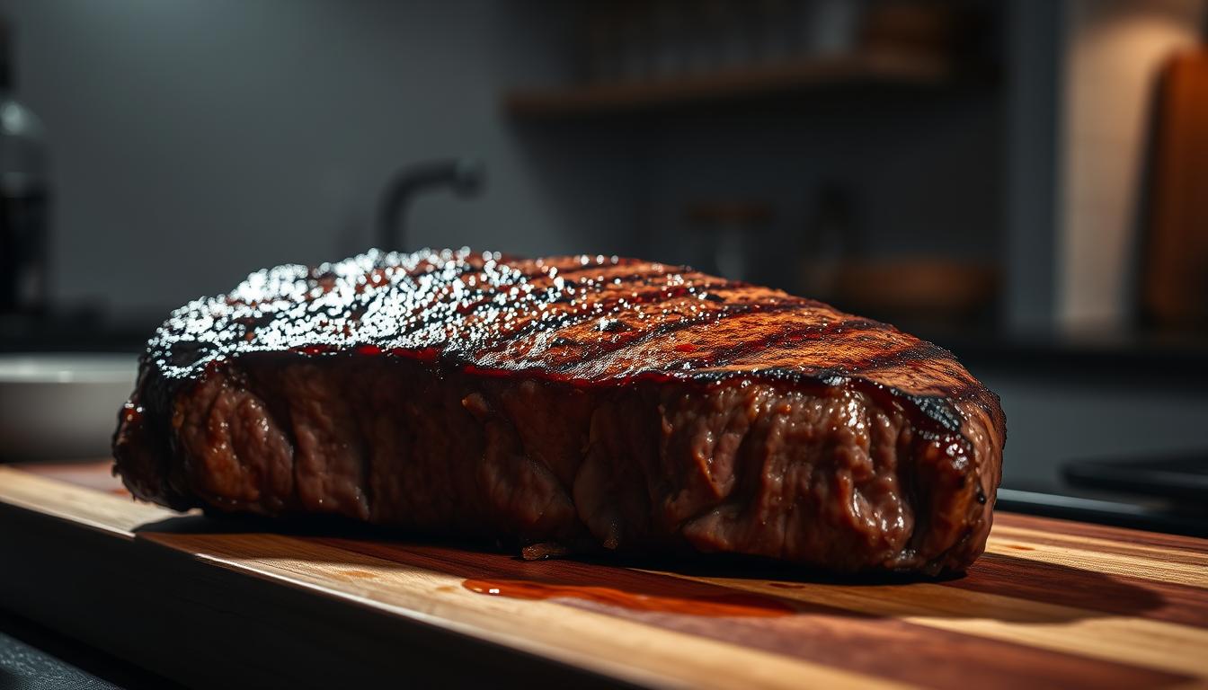 Seared steak with a crisp, caramelized crust and a juicy, medium-rare interior. The steak is prominently displayed on a wooden cutting board, with a dramatic spotlight illuminating its glistening surface. The lighting casts dramatic shadows, accentuating the meat's textures and creating a moody, chiaroscuro effect. In the background, a simple, minimalist kitchen setting, with neutral tones and clean lines, allowing the steak to be the star of the composition. The overall atmosphere is one of culinary mastery, where the viewer can almost hear the sizzle of the steak as it's pulled from the hot pan.