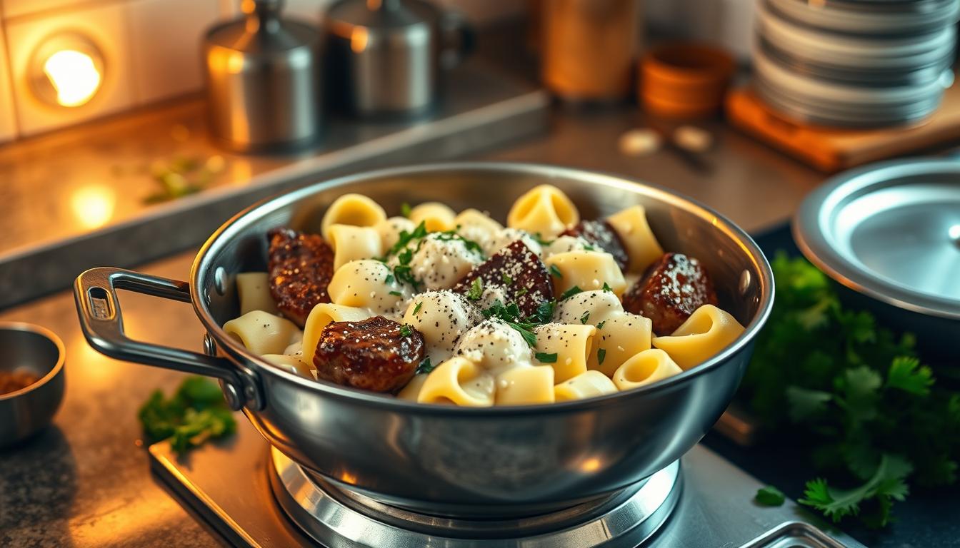 A well-lit kitchen counter with a stainless steel skillet at the center, filled with freshly sautéed garlic butter steak bites and tortellini in a creamy alfredo sauce. Chopped parsley, grated parmesan, and a sprinkle of black pepper add the finishing touches. The scene is bathed in warm, golden lighting, creating an inviting and mouthwatering atmosphere. The camera angle is slightly elevated, capturing the meal preparation in a visually appealing and appetizing way.