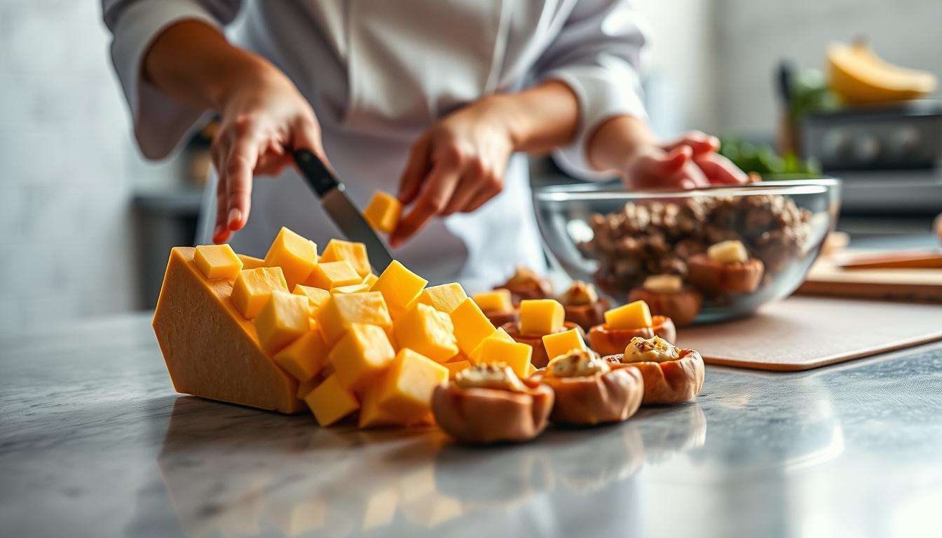 A well-lit kitchen counter, the surface clean and clear, with a selection of fresh ingredients neatly arranged. In the foreground, a chef's hands carefully open a block of cheddar cheese, slicing it into evenly sized cubes. Behind, a bowl of seasoned ground meat waits to be stuffed with the golden cheddar pieces. The scene is captured with a crisp, high-resolution lens, creating a sense of anticipation and culinary craftsmanship. Warm, natural lighting from overhead casts a soft glow, highlighting the texture of the ingredients and the concentration of the chef's movements. This is the precise, step-by-step preparation of a delectable cheddar-stuffed appetizer, ready to be enjoyed.