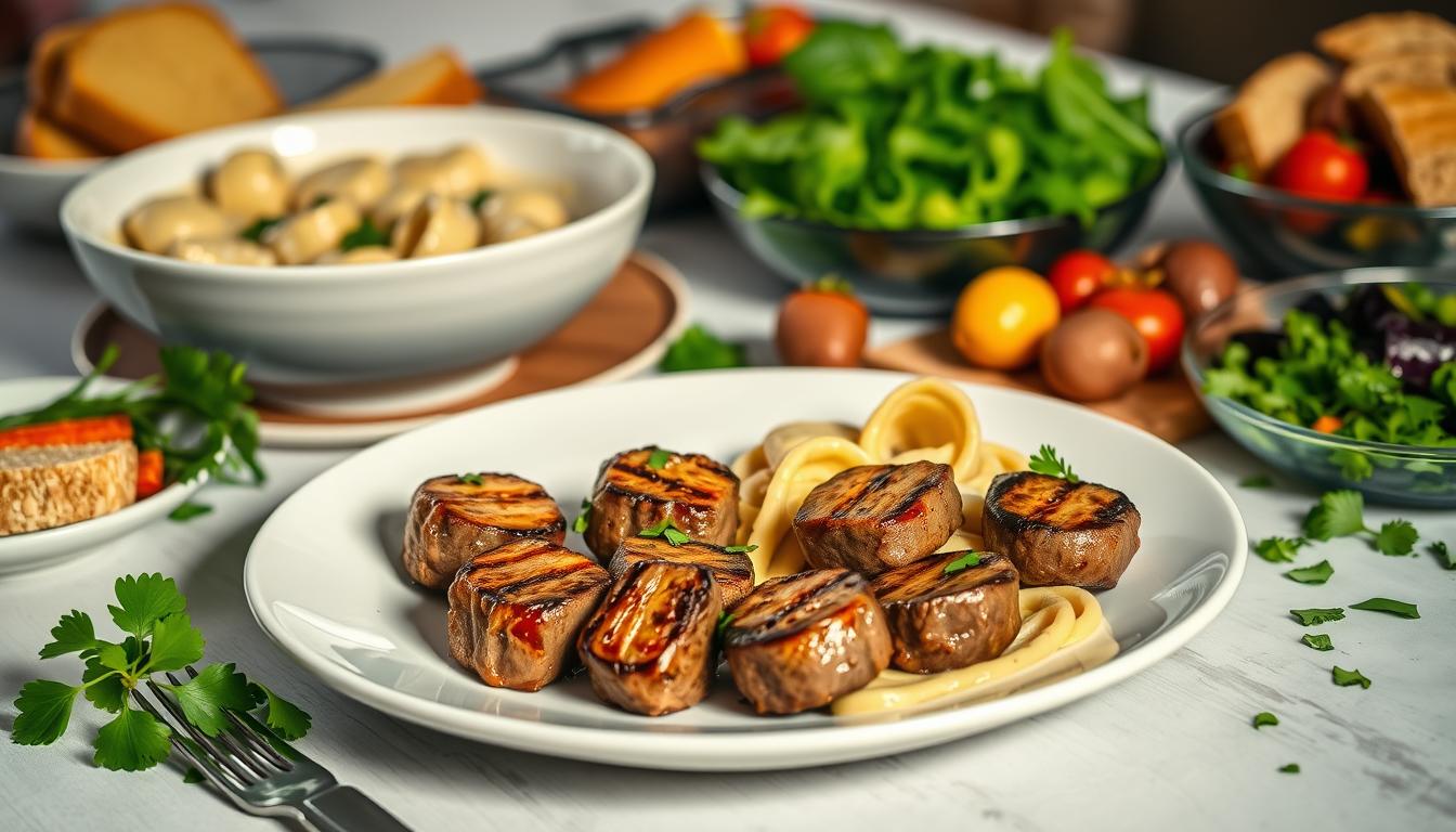 A table set with an array of delectable meal variations and serving suggestions. In the foreground, a plate showcases grilled garlic butter steak bites, arranged artfully alongside a steaming bowl of creamy alfredo tortellini. Surrounding the main dishes, an assortment of complementary sides and garnishes - roasted vegetables, fresh bread, a vibrant green salad, and a sprinkle of chopped parsley. Soft, warm lighting casts a cozy glow, while the angled perspective and shallow depth of field create a sense of inviting intimacy. The overall mood is one of culinary abundance and creative presentation, inspiring the viewer to explore new ways of serving and enjoying this delicious meal.