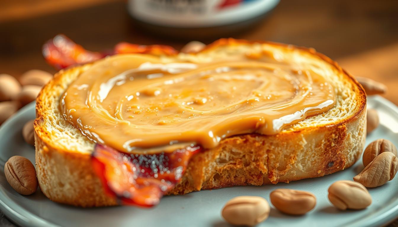 A close-up shot of a high-protein breakfast, featuring a slice of freshly toasted peanut butter-drizzled bread, nestled between two slices of crisply fried bacon. The bread has a golden-brown crust, and the peanut butter glistens with a rich, creamy texture. In the background, a sprinkling of roasted peanuts adds a delightful crunch. The lighting is warm and inviting, casting a soft, natural glow over the scene. The overall composition is balanced and visually appealing, capturing the essence of a satisfying and nutritious start to the day.