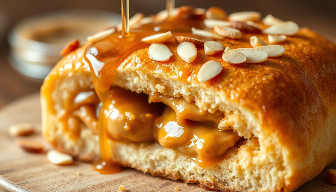 A mouthwatering close-up of a freshly prepared peanut butter toast roll, lavishly topped with a drizzle of honey and a scattering of sliced almonds. The golden-brown, crisp exterior gives way to a soft, fluffy interior, revealing the irresistible peanut butter filling. The image is bathed in warm, natural lighting, accentuating the appetizing colors and textures. Shot from a slightly elevated angle, the toast roll takes center stage, inviting the viewer to imagine the satisfying crunch and rich, creamy flavors. This image perfectly captures the essence of a protein-packed, indulgent breakfast treat that embodies the &quot;Peanut Butter Toast Rolls: The Ultimate Breakfast Treat&quot; theme.