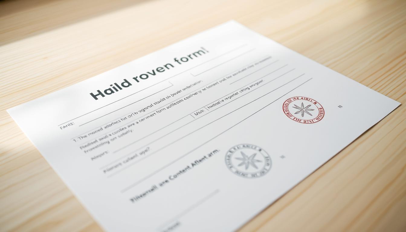 A crisp, well-lit close-up shot of a child travel consent form laid flat on a light-colored wooden surface. The form should be prominently featured, with a clear view of the notary section and authentication stamps. The background should be clean and uncluttered, allowing the form to be the focal point. Soft, diffused lighting casts subtle shadows, highlighting the texture of the paper and the official seals. The composition should convey a sense of professionalism and legal authority, emphasizing the importance of proper notarization and authentication for secure child travel.