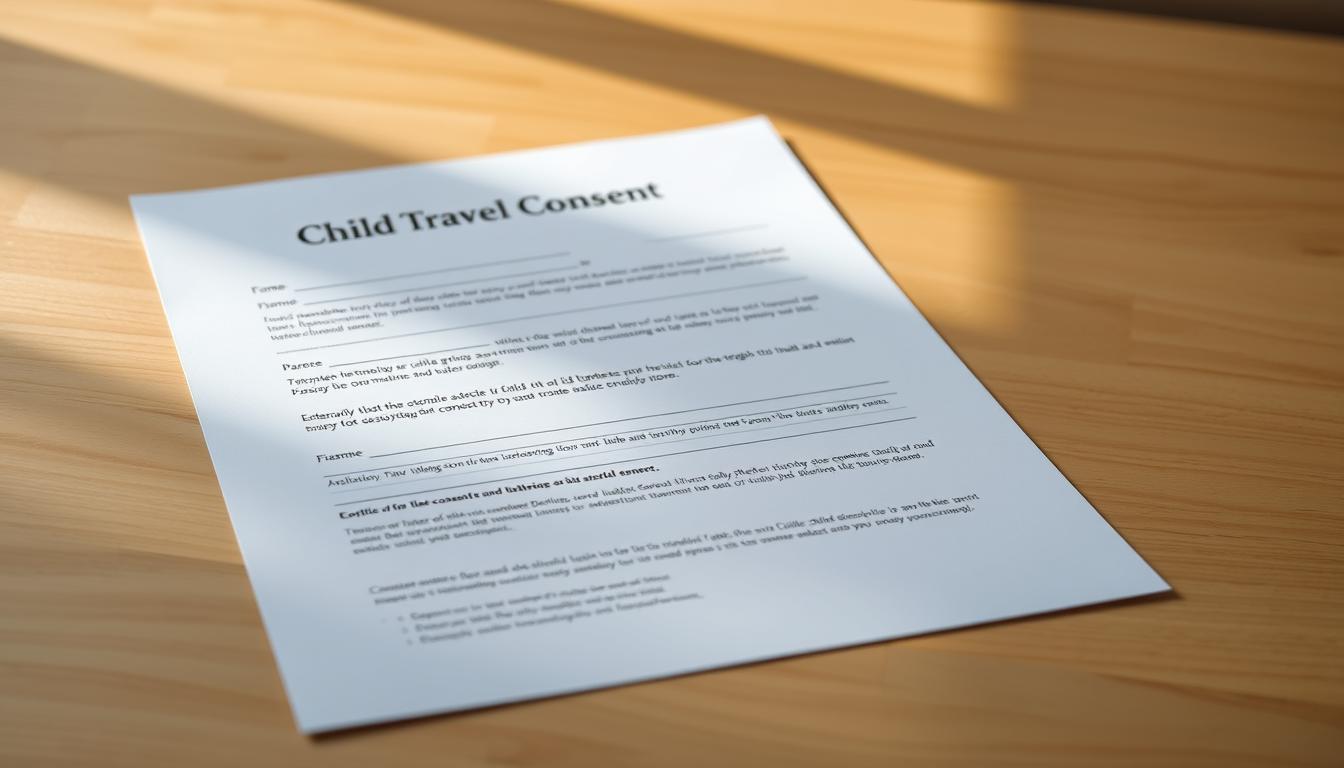 A crisp, minimalist child travel consent form against a soft, blurred background. The form lies on a wooden table, casting a subtle shadow. Warm, natural lighting illuminates the document, highlighting the official-looking header and structured layout. The overall scene conveys a sense of organization, legality, and parental responsibility. The form's clean, elegant design evokes professionalism and attention to detail, reflecting the essential components of a child travel consent document.