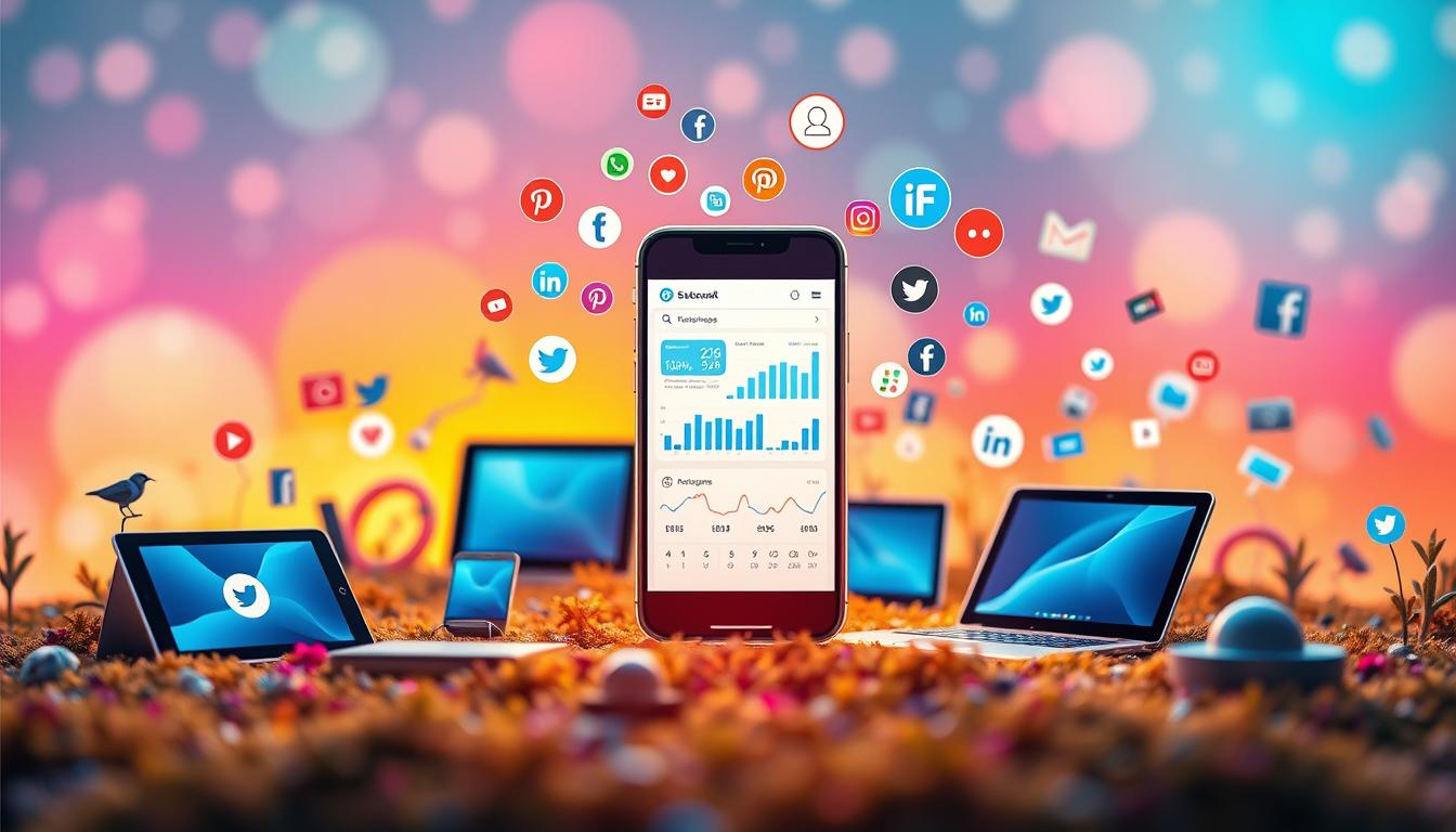 A vibrant social media marketing landscape featuring sleek digital devices, stylized social media icons, and an energetic blend of colors. In the foreground, a central smartphone displays a dynamic social media dashboard, showcasing various engagement metrics and analytics. The middle ground is populated by a diverse array of tablets, laptops, and other digital tools, all working in harmony to drive effective social media campaigns. The background is a vibrant, gradient-filled environment, conveying the ever-evolving and fast-paced nature of the digital marketing world. Soft, diffused lighting casts a warm, inviting glow over the entire scene, creating a sense of technological sophistication and creative potential.