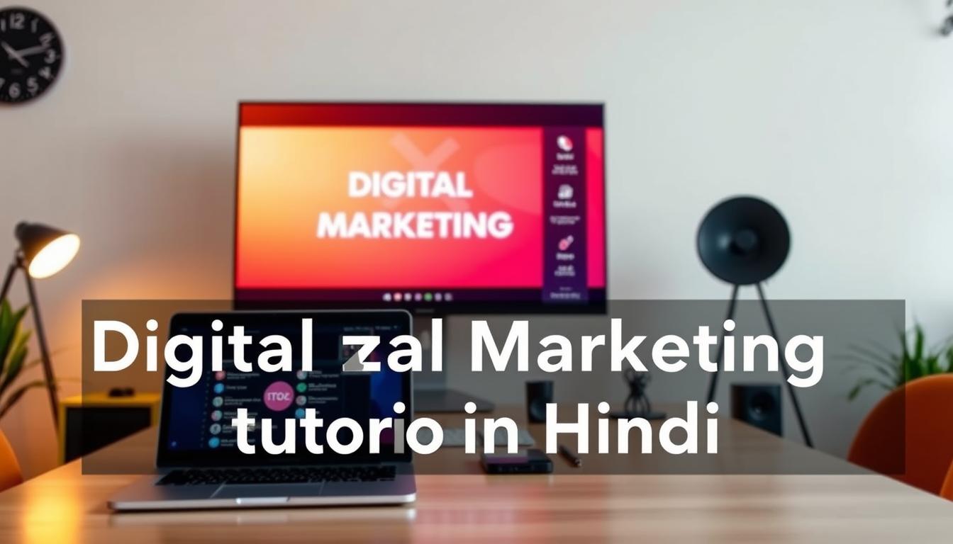 A vibrant digital marketing tutorial in Hindi, with a clean, modern aesthetic. In the foreground, a large, high-resolution display shows an engaging video tutorial, the screen bathed in warm, soft lighting. In the middle ground, a minimalist desk setup with a laptop, smartphone, and other digital devices, reflecting the technological nature of the subject. The background features a clean, neutral-toned wall, creating a calm, distraction-free environment. The overall scene conveys a sense of focus, professionalism, and accessibility, inviting the viewer to engage with the educational content. The lighting is natural and diffused, creating a soft, inviting atmosphere. The camera angle is slightly elevated, giving a sense of authority and expertise to the tutorial.