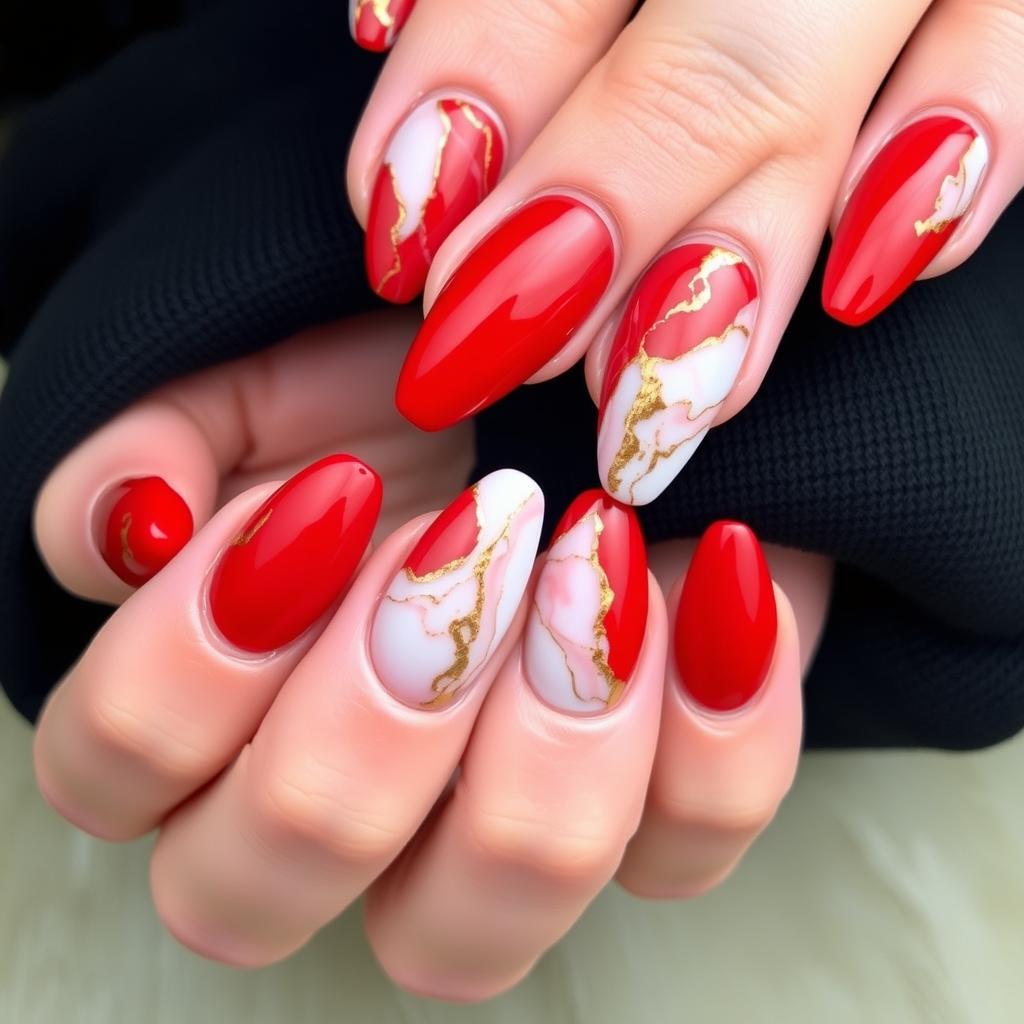 Unhas vermelhas com efeito mármore elegante