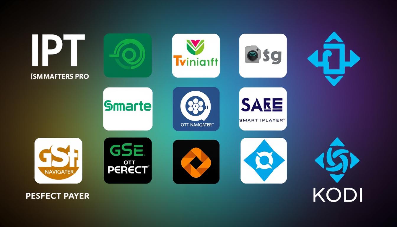 Collage des logos des meilleures applications IPTV comme IPTV Smarters, TiviMate et GSE Smart IPTV