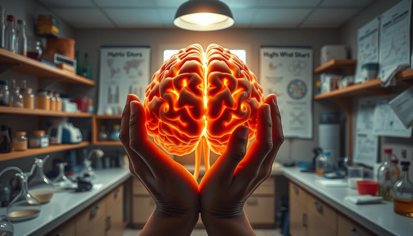 A cozy, well-lit laboratory interior with an array of scientific equipment and glassware. In the foreground, a person's hands gently embrace a human brain model, highlighting the neural connections and pathways. The brain exhibits a soft, glowing aura, representing the increased activity and endorphin release associated with positive touch. The background features diagrams, charts, and scientific illustrations exploring the neurological effects of hugs and physical contact. The overall atmosphere conveys a sense of calm, wonder, and the profound impact of human connection on our wellbeing.