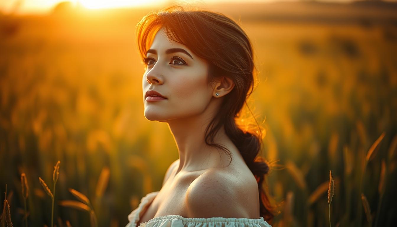 A woman stands in a field of tall grass, her face turned towards the sun, a serene, almost ethereal expression on her features. The background is softly blurred, emphasizing the woman's central focus. Warm, golden light filters through the scene, casting a gentle glow on her skin. There is a sense of inner peace and a quiet determination in her posture, as if she has emerged from a great personal struggle, transformed and renewed. The image conveys a feeling of unwavering resilience and an unshakable spirit, a visual representation of "recuperação indiscutível" - an undeniable recovery.