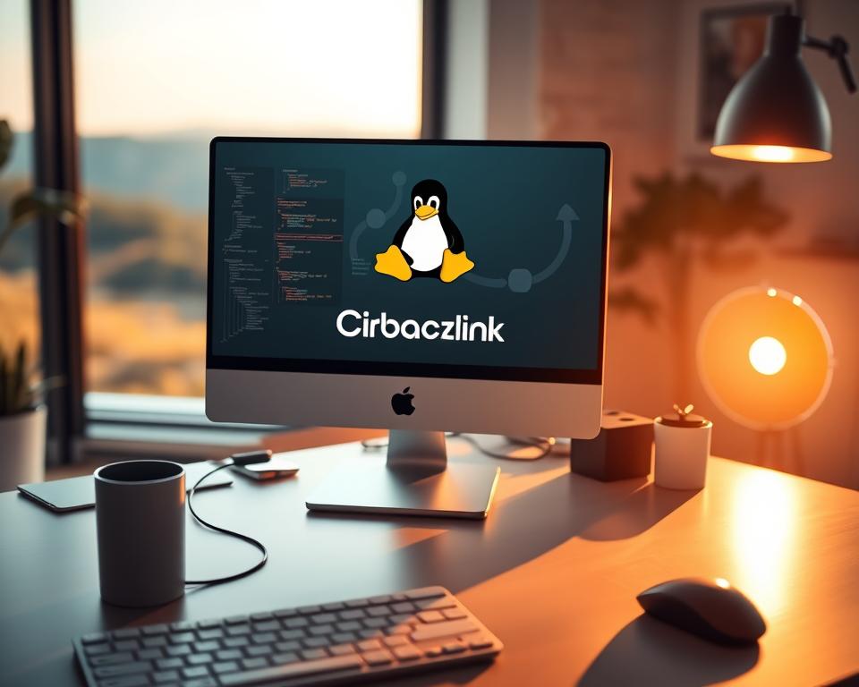 A modern, minimalist workspace with a computer monitor displaying the Linux Penguin logo, symbolizing the construction of a robust Backlink infrastructure. The foreground features a keyboard, mouse, and a cup of coffee, hinting at the diligent work required. The middle ground showcases technical diagrams and code snippets, representing the intricate planning and implementation of effective backlinking strategies. The background blurs into a serene, out-of-focus landscape, conveying a sense of focus and concentration. Warm, natural lighting from a nearby window casts a soft glow, creating a productive and contemplative atmosphere.