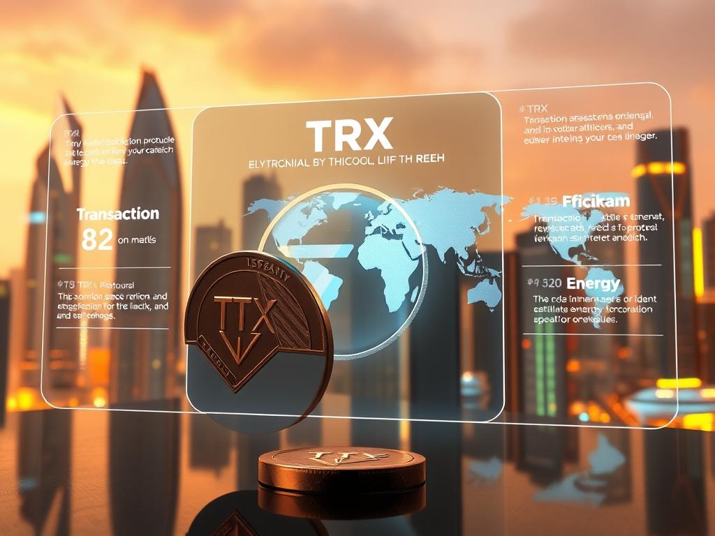 A high-resolution, photorealistic image of the key features of the TRX cryptocurrency coin. In the foreground, a detailed 3D render of the TRX coin, showcasing its distinctive circular design, embossed logo, and metallic texture. In the middle ground, a transparent overlay displays information about the coin's technical specifications, such as its blockchain protocol, transaction speed, and energy efficiency. The background features a futuristic cityscape with sleek skyscrapers, glowing neon lights, and a holographic display of the TRX network's global reach. The scene is illuminated by a warm, indirect lighting, creating a sense of technological sophistication and innovation.