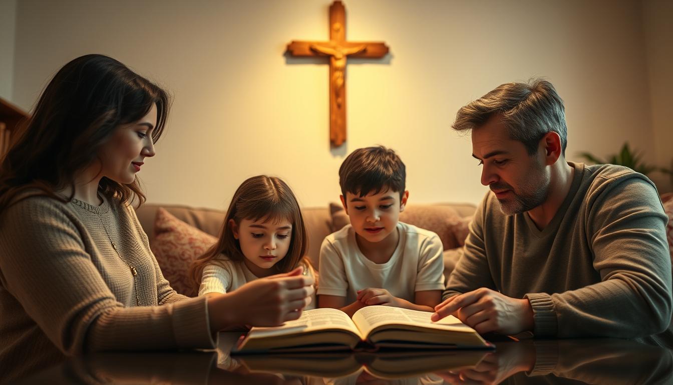 A serene family scene of a Christian home, with a mother and father gently guiding their two children in spiritual practices. Soft, warm lighting illuminates the living room, where the family is gathered around a coffee table, reading from a Bible and engaging in thoughtful discussion. The children's faces are attentive, their expressions reflecting a sense of wonder and curiosity. In the background, a cross hangs on the wall, a symbol of faith and guidance. The overall atmosphere conveys a sense of peace, harmony, and a deep connection to the divine. Captured with a wide-angle lens to provide a sense of intimacy and inclusion.