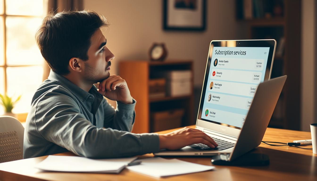 A thoughtful person sitting at a desk, carefully evaluating various subscription service options displayed on a laptop screen. The scene is illuminated by warm, natural lighting filtering through a window, creating a cozy and focused atmosphere. The person's expression conveys a sense of deep consideration as they weigh the pros and cons of each service. The desk is neatly organized, with notes and documents nearby, suggesting a methodical approach to the decision-making process. The background is slightly blurred, keeping the focus on the central figure and their task of evaluating the subscription services.