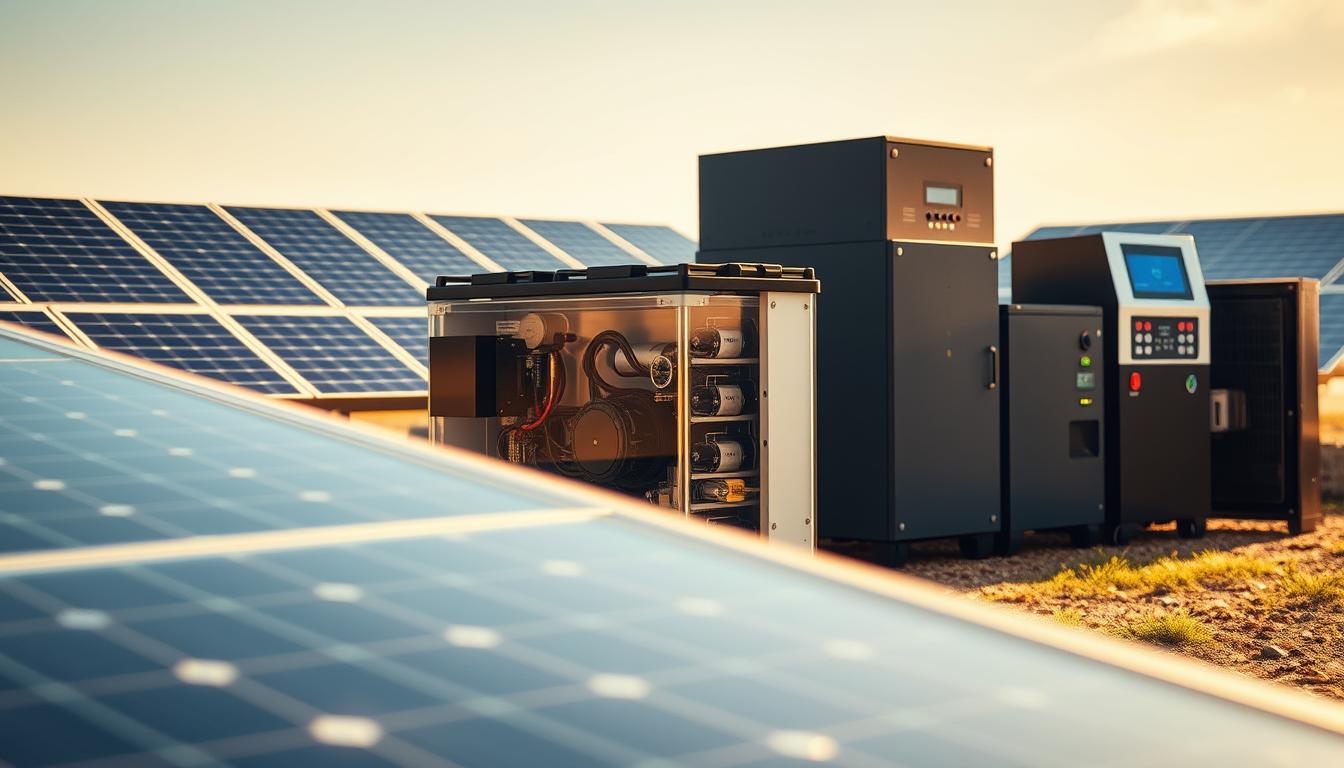 A detailed technical illustration of a solar battery system, showcasing its key components. The foreground features a sleek solar panel array, the panels gleaming under the warm sunlight. In the middle ground, a high-capacity solar battery bank stands prominently, its intricate inner workings visible through a transparent housing. In the background, a state-of-the-art solar charge controller and inverter unit are neatly arranged, their displays and interfaces illuminated. The scene is captured with a crisp, high-resolution lens, creating a sense of precision and engineering excellence. The overall mood is one of functionality and technological sophistication, befitting the subject matter.