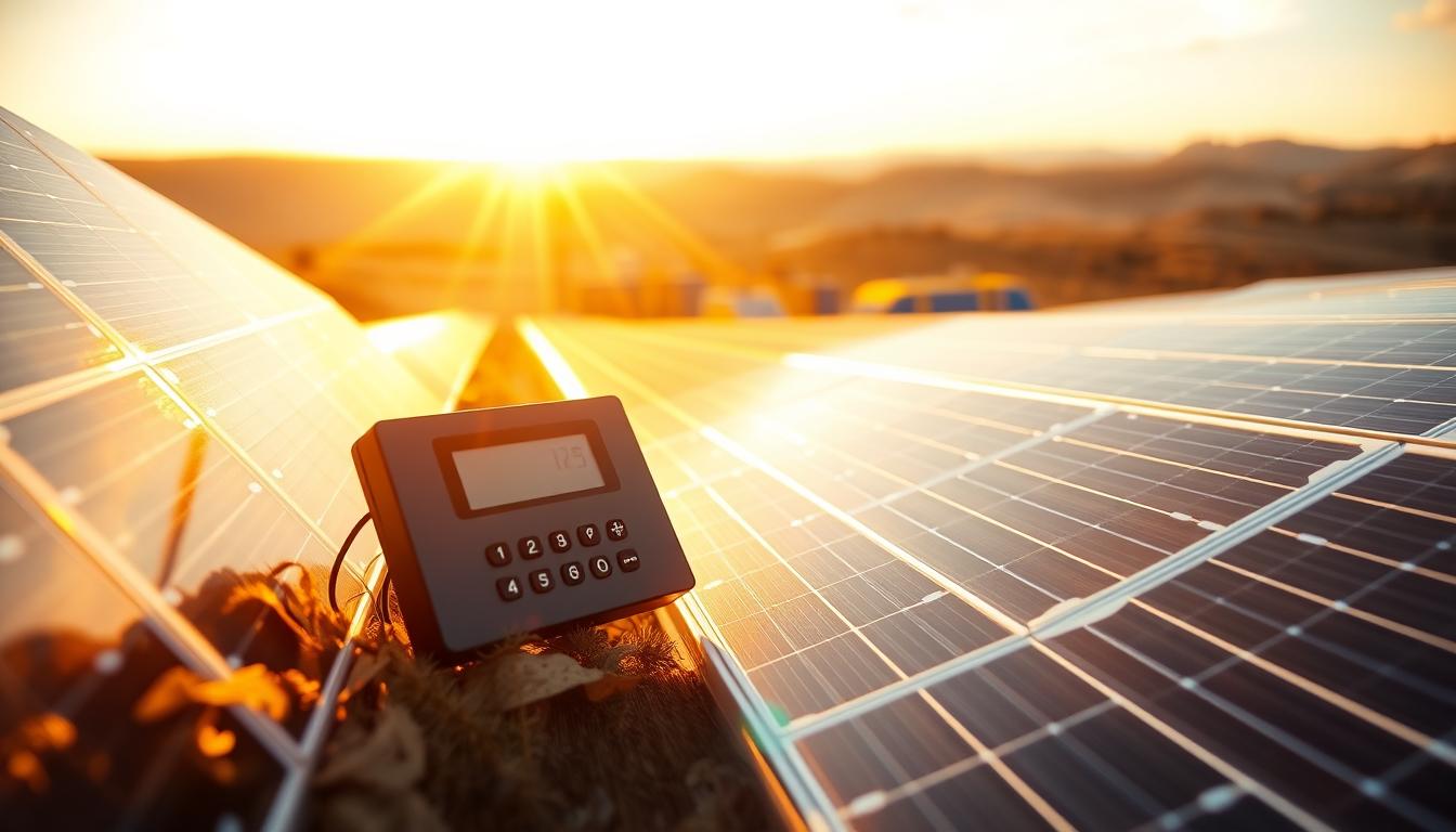 A solar-powered battery calculator nestled amidst a serene solar panel array, bathed in warm, golden afternoon light. The calculator's sleek, minimalist design features a digital display and intuitive controls, inviting the user to input data and calculate energy needs. In the middle ground, a backdrop of neatly arranged, high-efficiency solar panels, their shiny surfaces reflecting the sun's rays. In the distance, a horizon of rolling hills and a cloudless sky, conveying a sense of tranquility and sustainability. The overall scene suggests a harmonious integration of technology and renewable energy, designed to empower users in their pursuit of off-grid power solutions.