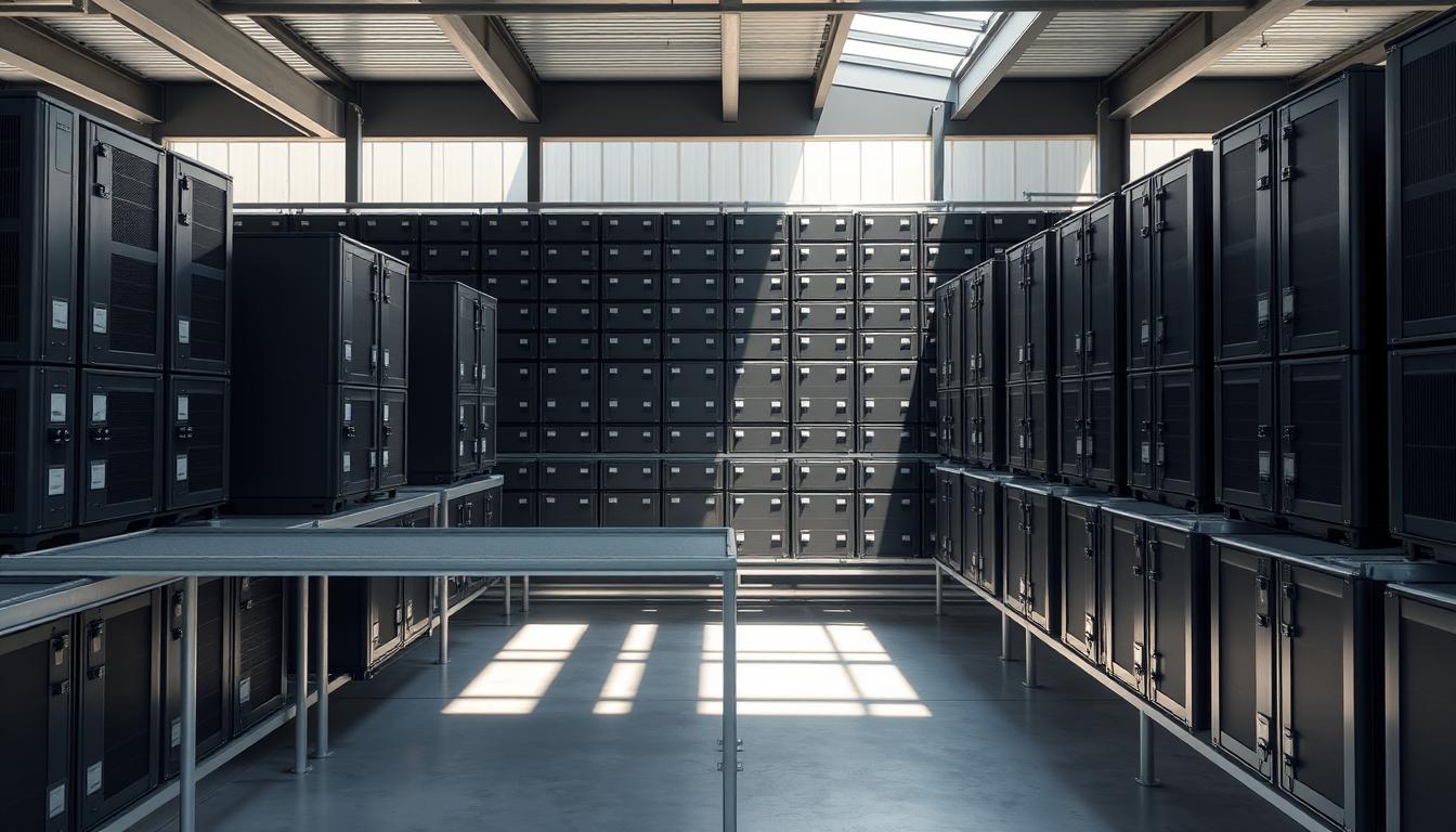 A large grid of modern lithium-ion battery modules, arranged in rows and columns, resting on a sleek metal framework. The batteries are encased in a minimalist, industrial-style housing with a matte black finish. Diffused natural light filters through the space, casting subtle shadows and highlights that accentuate the clean, geometric design. The overall composition conveys a sense of efficiency, power, and technological sophistication, perfectly suited to illustrate the concept of "battery storage capacity" for a solar energy system.
