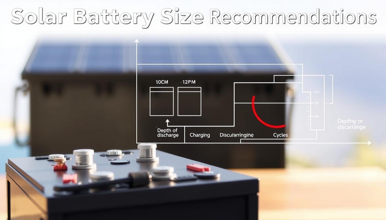 A detailed diagram depicting solar battery sizing recommendations. In the foreground, a solar battery bank with various battery cells and terminals, illuminated by soft, natural lighting. In the middle ground, a technical schematic showing battery capacity, depth of discharge, and charging/discharging cycles. The background features a clean, minimalist design with geometric shapes and lines, conveying a sense of precision and technical expertise. The overall mood is one of informative clarity, allowing the viewer to easily understand the key factors in properly sizing a solar battery system.