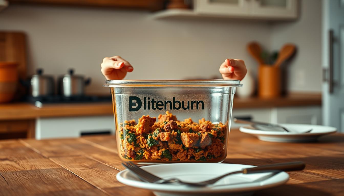 A rustic kitchen counter with a glass container filled with plant-based leftovers. Warm, soft lighting illuminates the scene, casting a cozy glow. The bitenburn logo is subtly printed on the container. In the foreground, hands carefully open the container, releasing the aroma of the reheated plant-based meal. The middle ground showcases a plate and utensils, ready to serve the flavorful dish. The background suggests a minimalist, organized kitchen, hinting at the meal's effortless preparation. The overall atmosphere evokes a sense of comfort and satisfaction in enjoying a nourishing, plant-based meal.