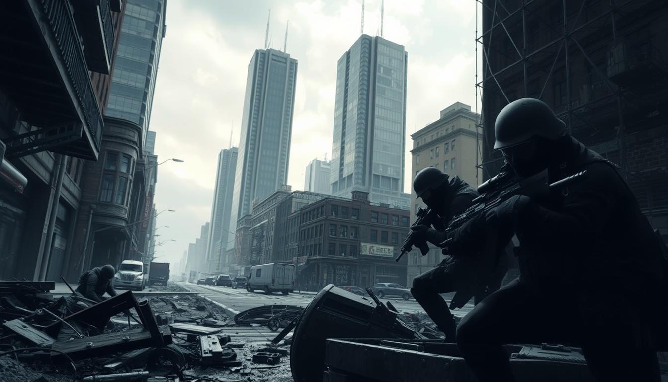 A tactical shooter game scene set in a gritty, urban environment. In the foreground, a squad of highly trained operators in tactical gear crouch behind cover, weapons at the ready, their faces shrouded in shadow. In the middle ground, the shattered remains of a city street - crumbling concrete, twisted metal, and debris. The background is dominated by towering skyscrapers, their glass facades reflecting the muted tones of the cloudy sky above. The lighting is dramatic, with harsh shadows and pools of ambient light, creating a sense of tension and urgency. The overall mood is one of strategic planning, high-stakes action, and the thrill of the hunt.