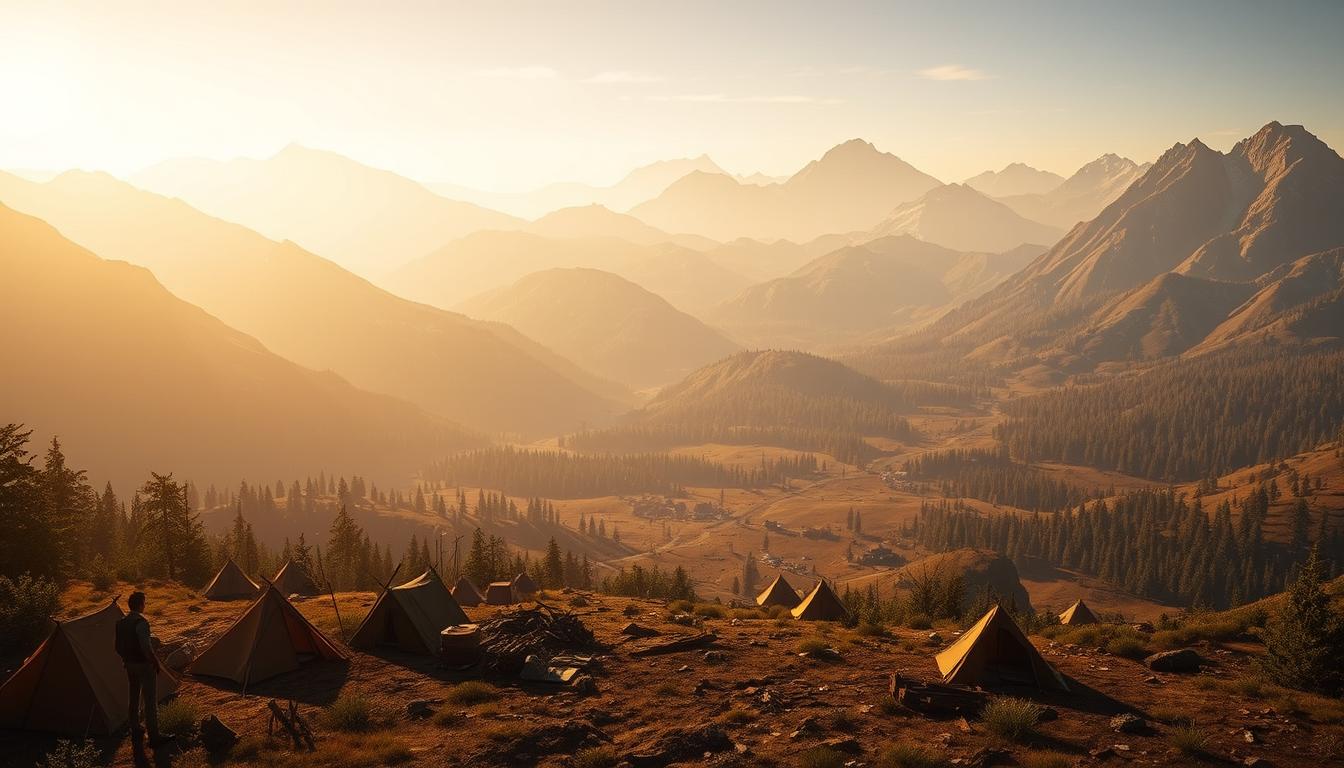 A rugged, expansive landscape with towering mountains and lush, verdant forests stretches out before the viewer. In the foreground, a lone figure stands amidst a cluster of tents and makeshift shelters, their gaze fixed on the horizon. The warm, golden light of the setting sun casts a soft glow over the scene, creating an atmosphere of adventure and self-reliance. Scattered throughout the middle ground, campfires and scavenged resources hint at the challenges and triumphs of survival in this vast, untamed wilderness. The background is filled with a sense of mystery and possibility, with winding paths leading off into the distance, inviting the viewer to explore the endless possibilities of this immersive, open-world survival experience.