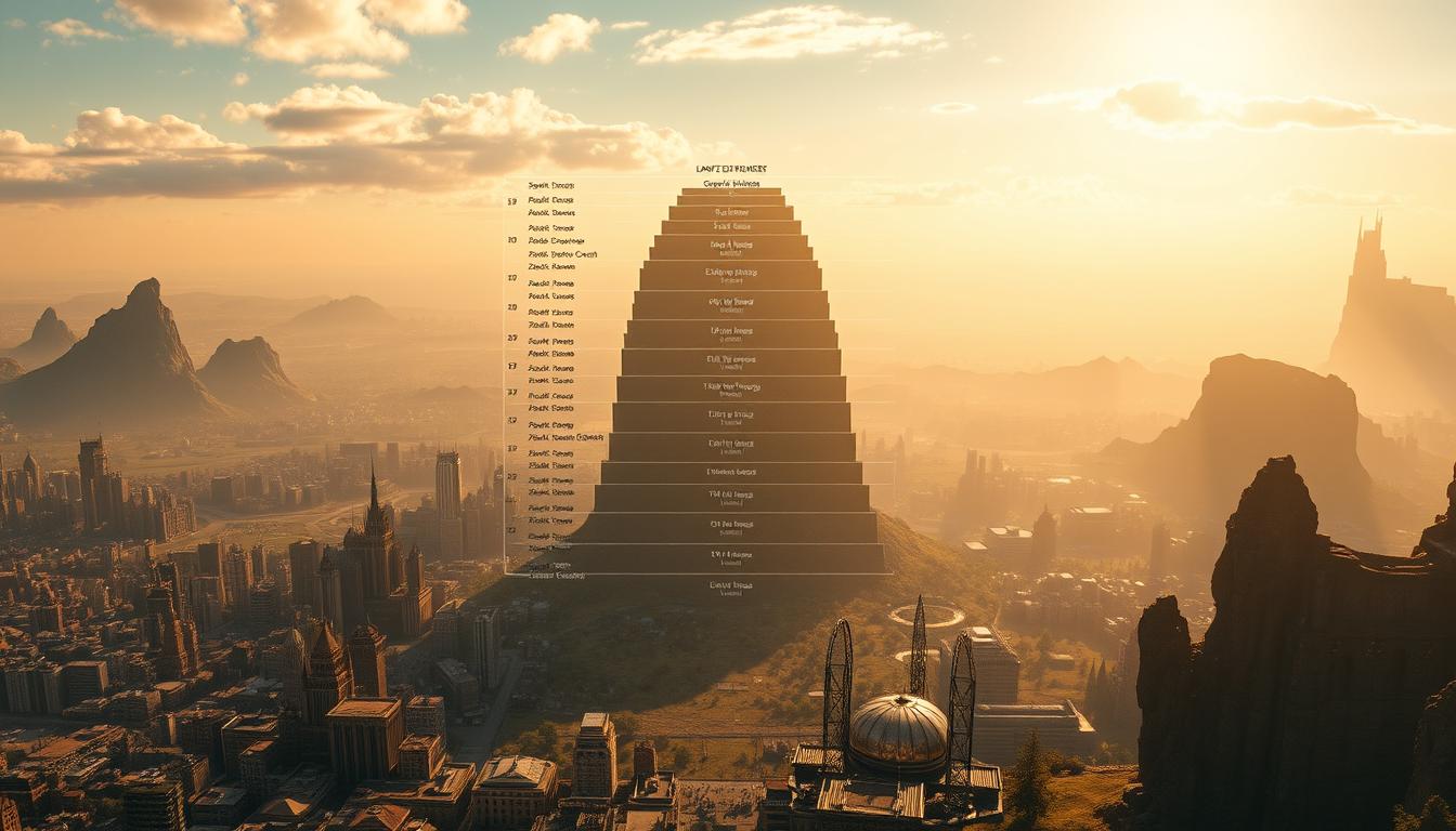 A wide, expansive landscape showcasing the scale and scope of the largest open world PC games. In the foreground, various game worlds are depicted side-by-side, their sizes dramatically contrasted - from the dense urban sprawl of a cyberpunk metropolis to the sprawling wilderness of a fantasy realm. The middle ground features a towering, multi-layered comparison chart, meticulously detailing the square mileage and playable areas of the most renowned open world titles. The background is a serene, cinematic skyscape, lit by warm, golden sunlight that casts dramatic shadows, emphasizing the grand scale of these virtual environments. Photorealistic in quality, the image conveys a sense of awe and wonder at the sheer magnitude of these boundless digital landscapes.