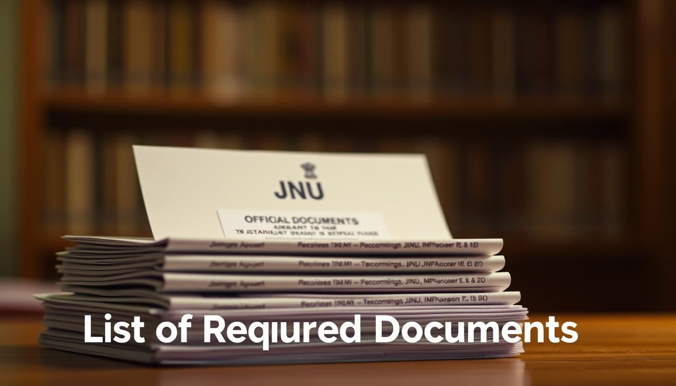 A well-organized stack of official documents against a blurred background, illuminated by warm, diffused lighting. The documents feature the JNU logo prominently, with their titles and details precisely printed on them. The scene conveys a sense of professionalism and authority, reflecting the importance of the required documents for the JNU recruitment process. The depth of field creates a clean, uncluttered composition, drawing the viewer's attention to the key elements. The overall mood is one of formality and attention to detail, perfectly suited for illustrating the "List of Required Documents" section of the article.