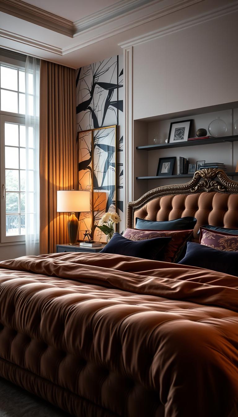 A bedroom that perfectly balances maximalist and minimalist design elements. In the foreground, a plush, oversized bed with an ornate, metallic headboard and luxurious bedding in rich, jewel-toned hues. The middle ground features a sleek, modern nightstand with a single, minimalist table lamp casting a warm, ambient glow. The background showcases a feature wall with bold, abstract wallpaper in a striking monochromatic palette, contrasted by simple, clean-lined shelving displaying a curated selection of decor. Soft, diffused lighting filters through large windows, creating a cozy, intimate atmosphere. The overall scene exudes a sense of refined, balanced elegance.