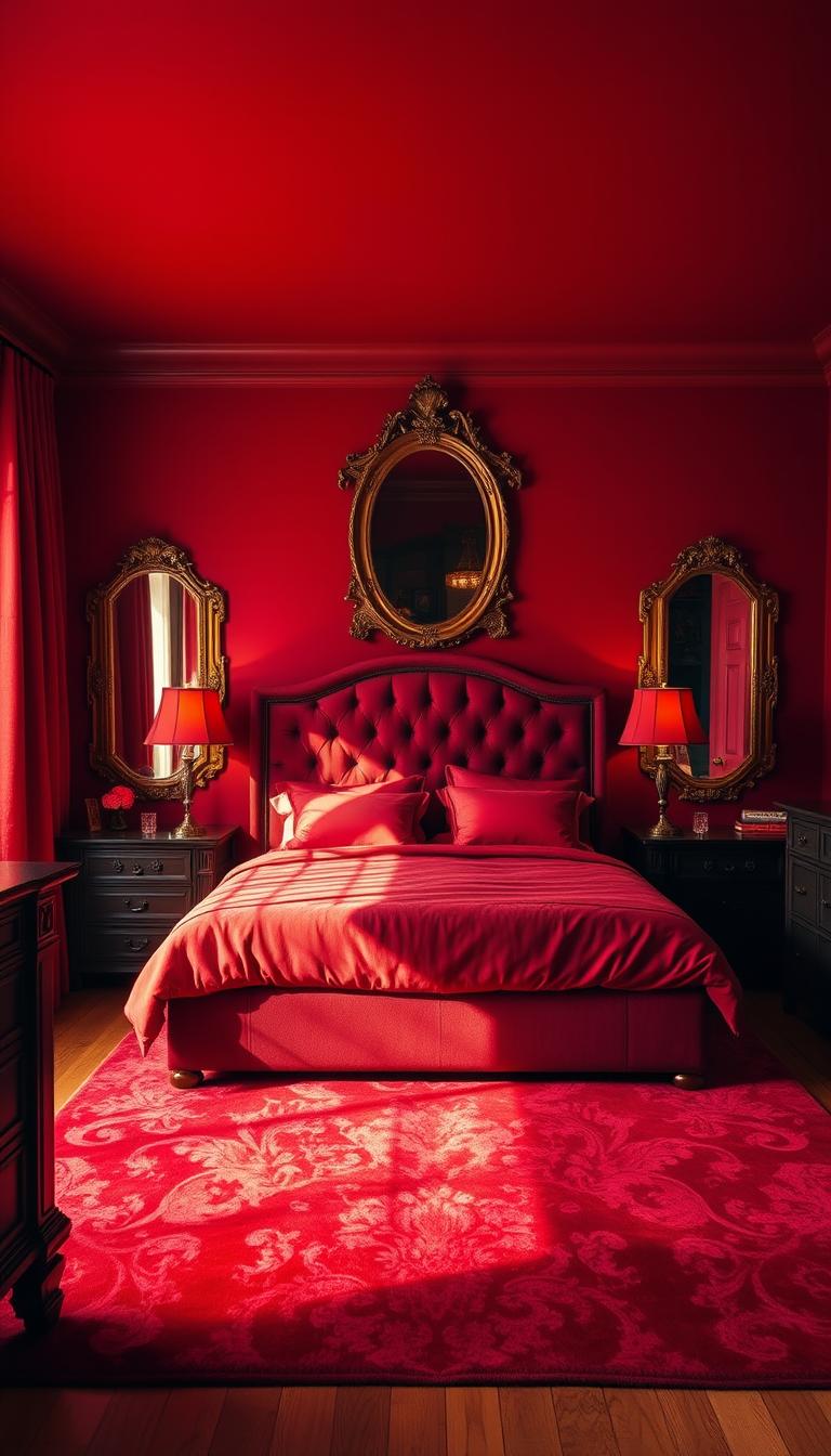 A boldly designed red bedroom with a warm, cozy atmosphere. The focal point is a large, plush bed with deep crimson sheets and a tufted burgundy headboard. Elegant antique-style lamps with red shades cast a soft, ambient glow, while a pair of ornate, gilded mirrors hang on the walls, reflecting the light. The hardwood floors are covered by a luxurious red area rug, and the room is accented with dark wood furniture, including a dresser and nightstands. The windows are draped with heavy, burgundy curtains that filter the natural light, creating a sense of intimacy. The overall effect is one of opulence and sophistication, perfectly capturing the "Embracing Boldness with a Red Bedroom" theme.