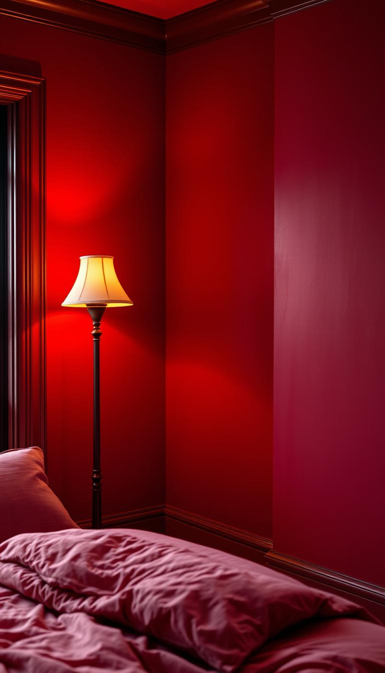 a warm, cozy study with rich, velvety red paint shades covering the walls, creating a cozy and inviting atmosphere. The paint has a slight sheen, reflecting the soft, ambient lighting from a vintage floor lamp in the corner. The paint colors range from deep crimson to subtle burgundy, with brushstrokes visible, adding depth and texture to the surfaces. The lighting casts gentle shadows, highlighting the tactile quality of the paint. The room is filled with a sense of comfort and sophistication, perfect for showcasing the perfect shade of red for a cozy bedroom retreat.