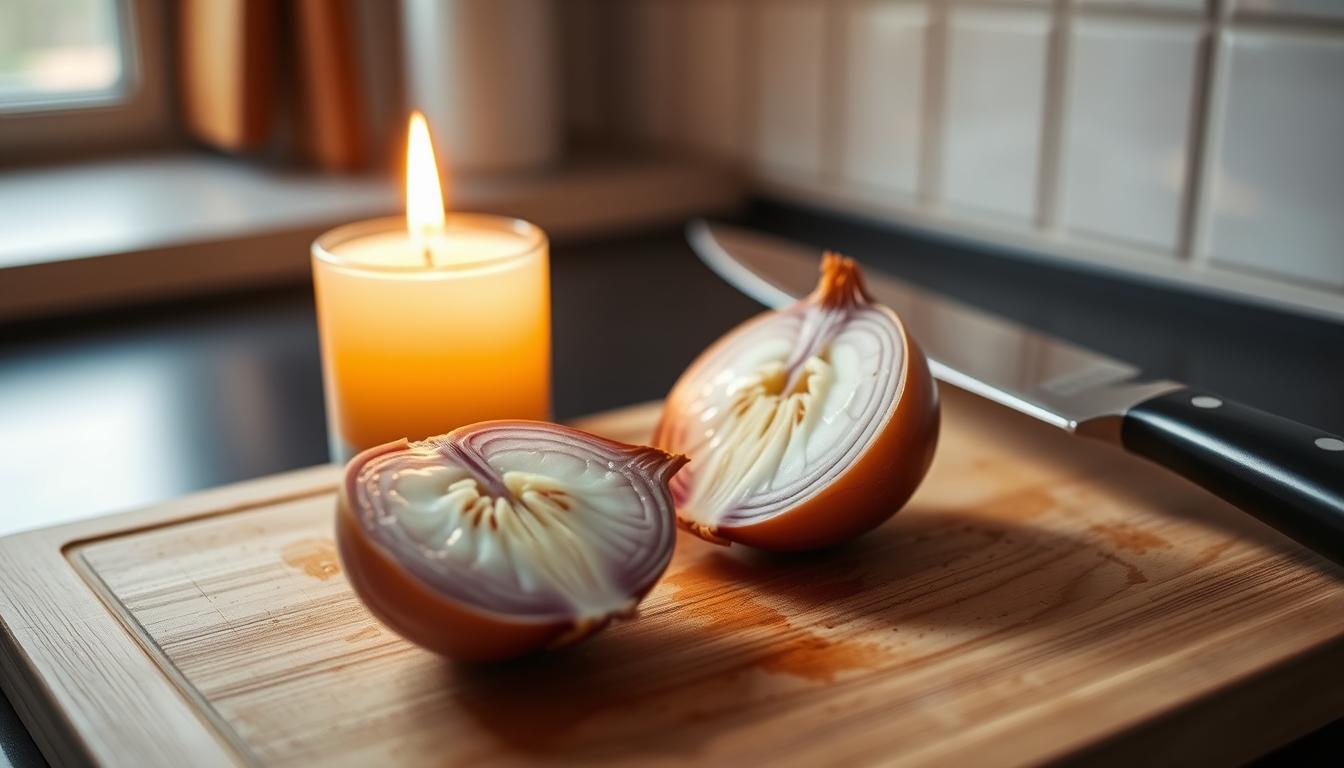 A close-up shot of a kitchen counter with a cutting board, a sharp chef's knife, and a halved onion. A lit candle is positioned next to the onion, casting a warm, soft glow and creating a hazy, atmospheric effect. The scene is bathed in natural light, with subtle shadows and highlights accentuating the textures of the ingredients. The overall mood is calm and focused, inviting the viewer to observe the effective "candle method" for tear-free onion cutting.