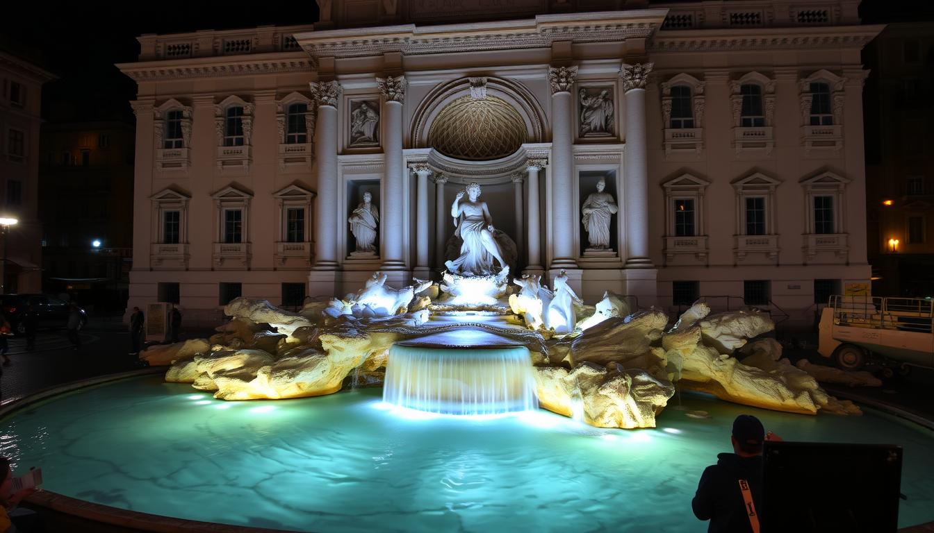 Fontana di Trevi iluminada à noite em Roma na Itália