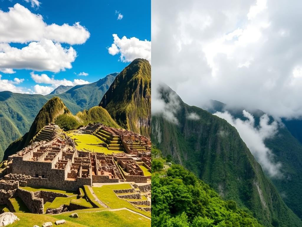 Comparação visual das estações em Machu Picchu mostrando a diferença entre temporada seca e chuvosa