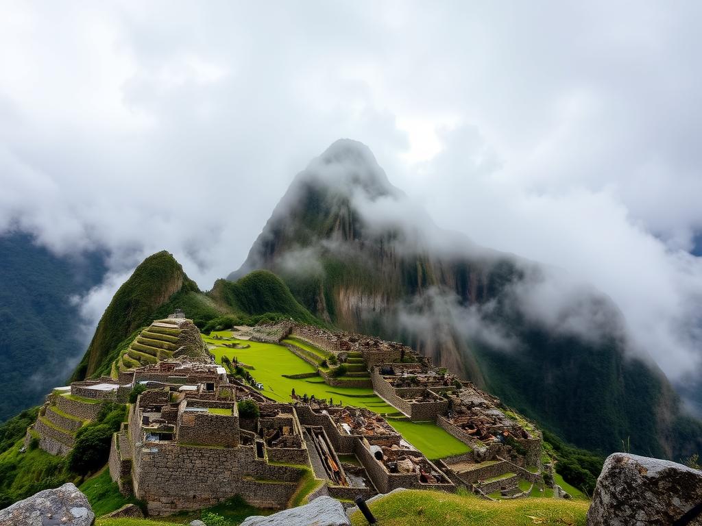 Machu Picchu coberto por neblina durante a estação chuvosa em janeiro