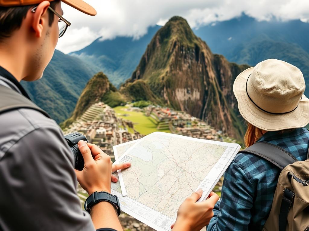 Turista planejando sua visita a Machu Picchu com mapa e guia