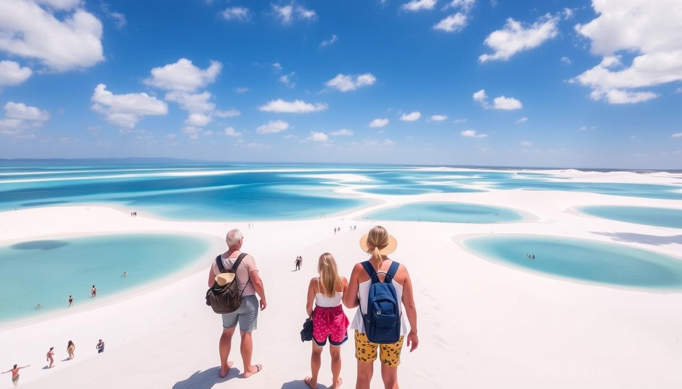 Turistas contemplando as lagoas cheias nos Lençóis Maranhenses durante a melhor época para visitar