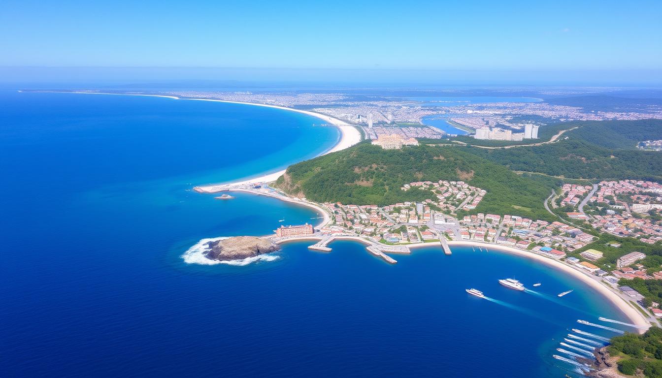 Panorama de Porto Seguro mostrando praias, centro histórico e vegetação