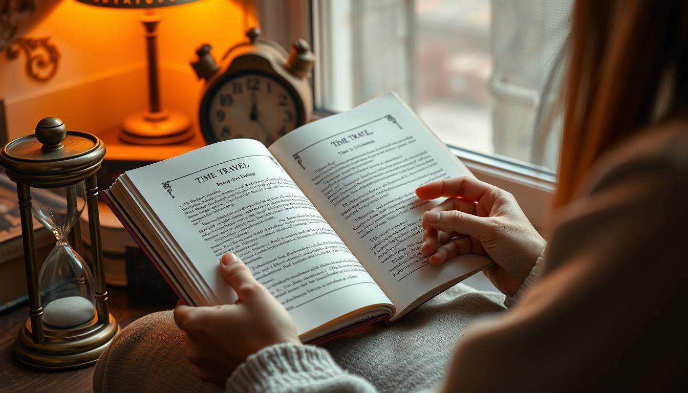Pessoa lendo um livro sobre viagem no tempo com um relógio de areia ao lado