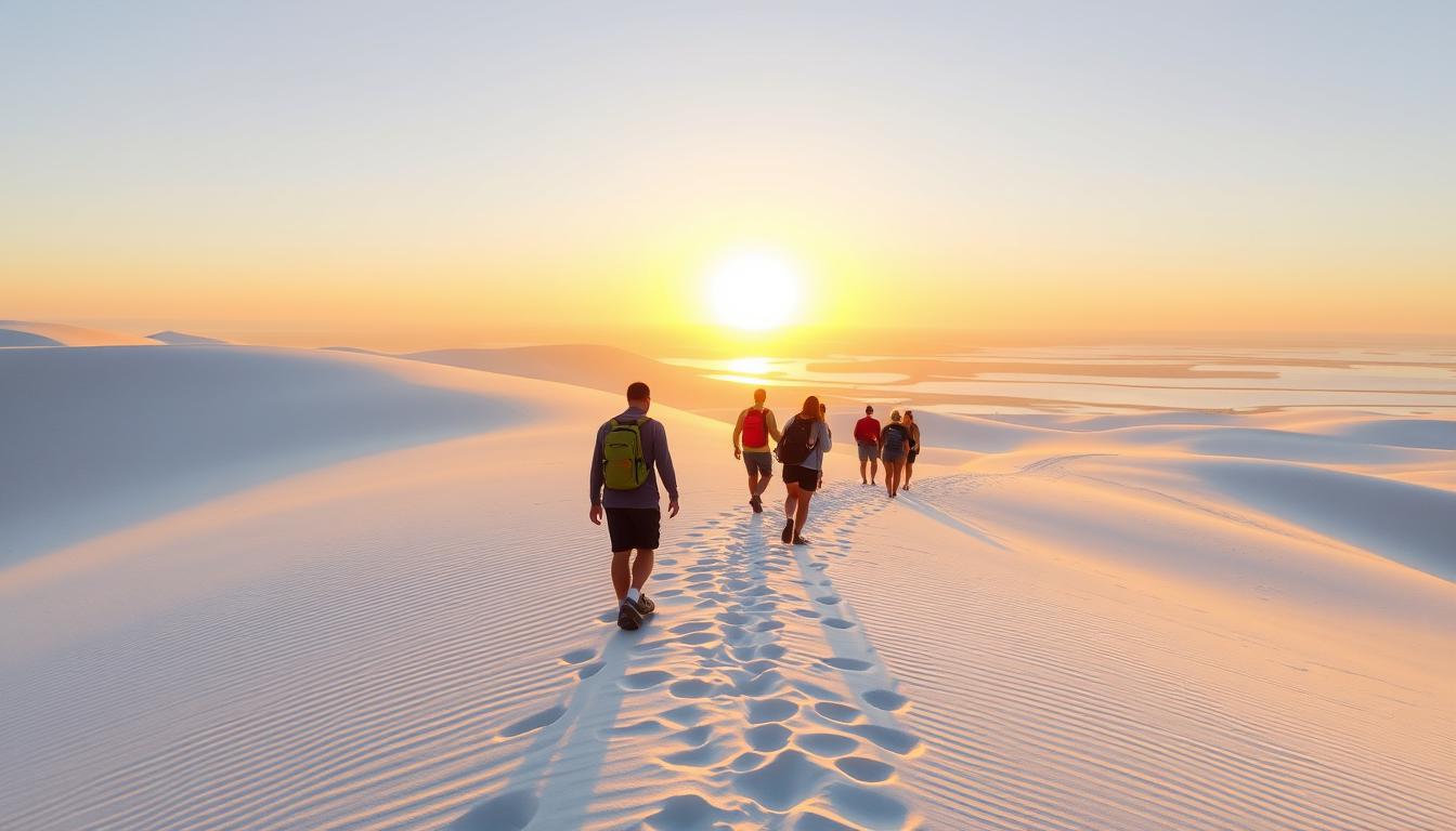 Grupo de turistas fazendo trilha nas dunas dos Lençóis Maranhenses