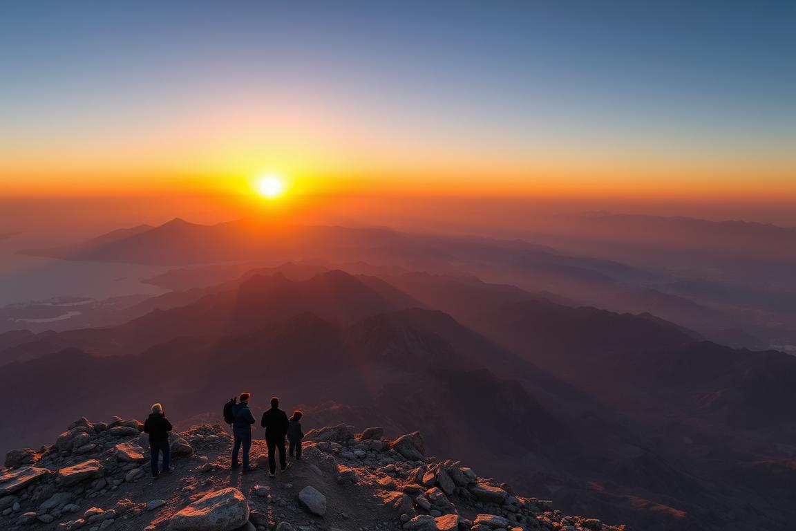 Amanhecer no topo do Monte Sinai durante a melhor época para visitar o Egito