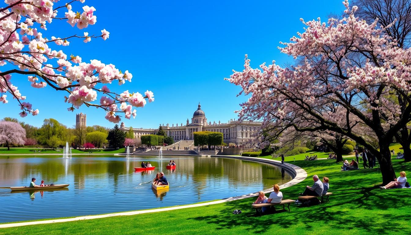 Parque del Retiro na primavera com flores coloridas e pessoas passeando, representando a melhor época para visitar Madrid