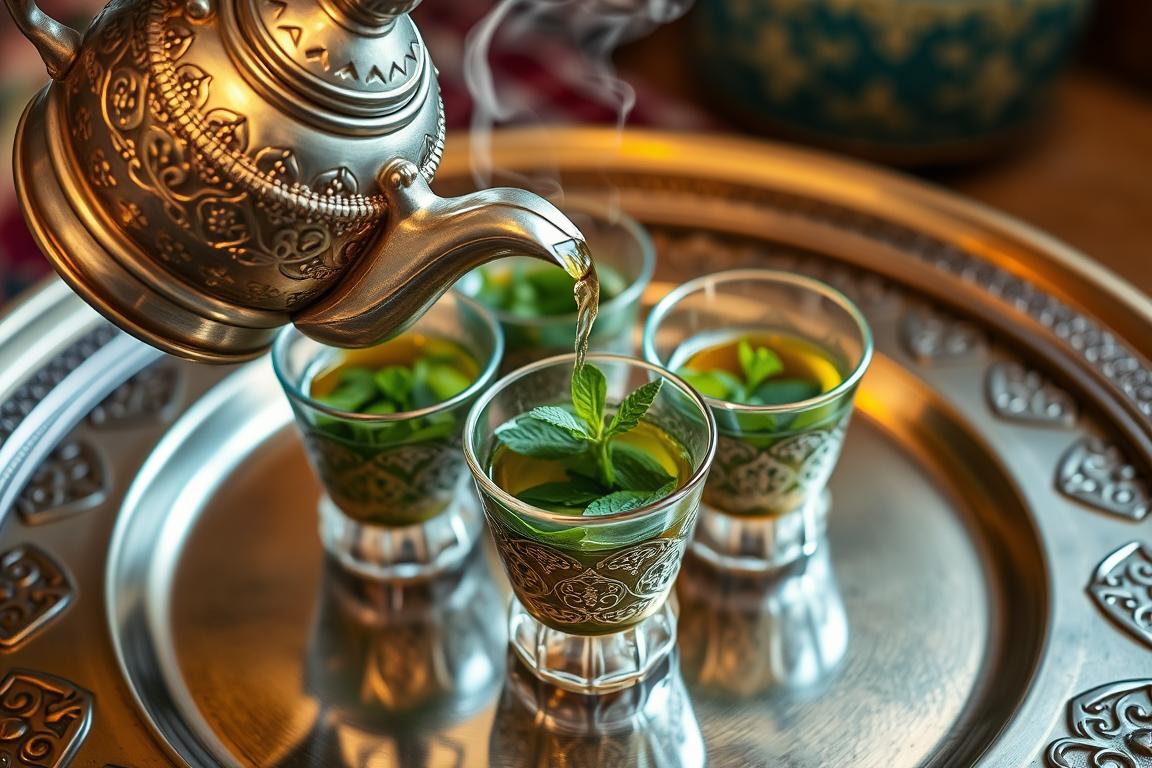 الشاي المغربي بالنعناع في كؤوس زجاجية تقليدية مع إبريق فضي