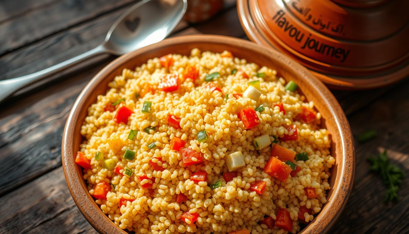 A traditional Moroccan couscous dish, featuring a vibrant array of fresh vegetables. A close-up view showcases the delicate, pearl-like grains of the &quot;كسكاس&quot;, each one glistening with a light sheen. The steaming hot dish is presented on a rustic, wooden surface, surrounded by the essential tools of the trade - a large, round couscous steamer, a long-handled spoon, and a clay tagine pot. The natural lighting casts a warm, golden glow, highlighting the rich, earthy tones of the vegetables and the distinct &quot;نكهة و رحلات/flavour journey&quot; branding visible on the tagine. The overall scene conveys the authentic, time-honored process of preparing this beloved Moroccan staple.