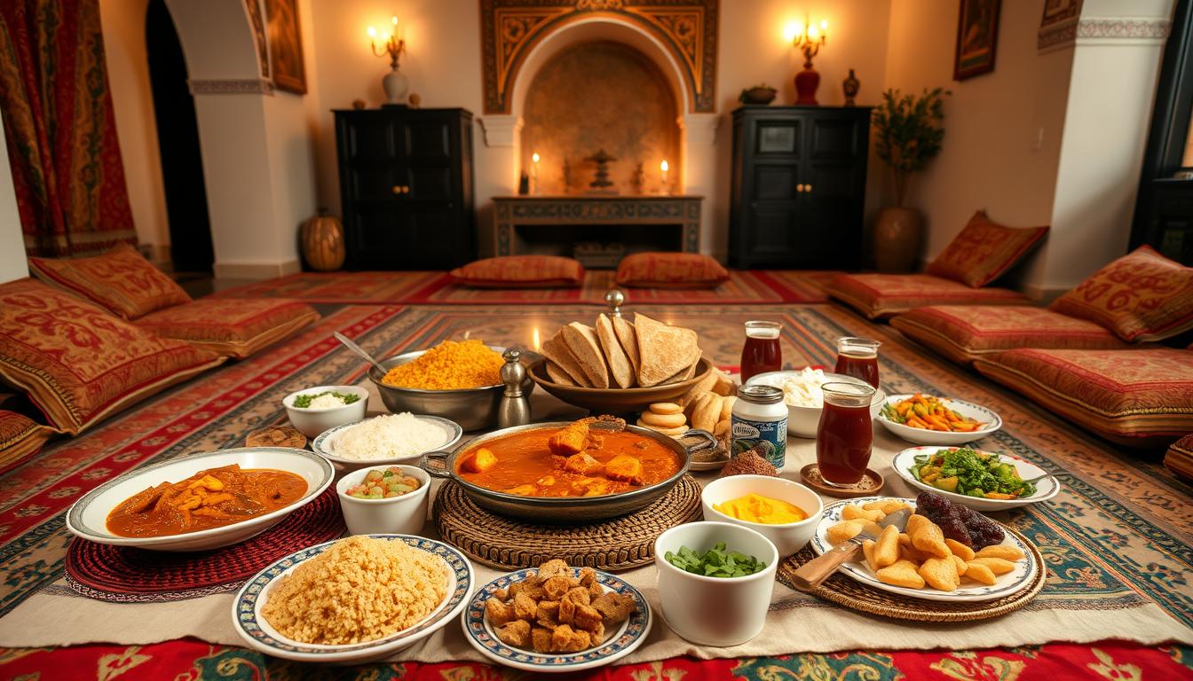 مائدة مغربية تقليدية كاملة مع مجموعة متنوعة من الأطباق والحلويات