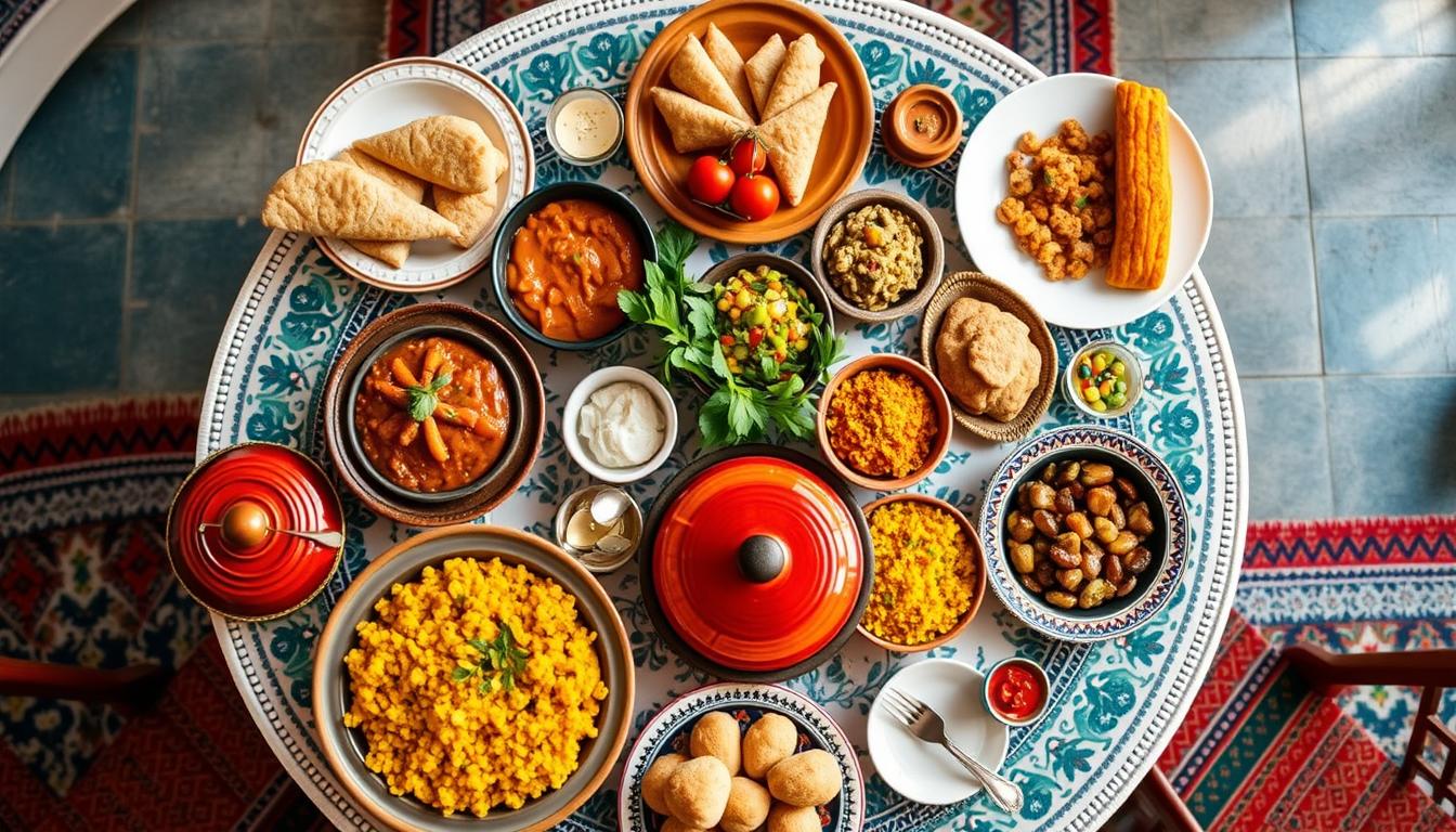 تشكيلة متنوعة من الأكلات المغربية التقليدية على مائدة مزينة بأنماط مغربية