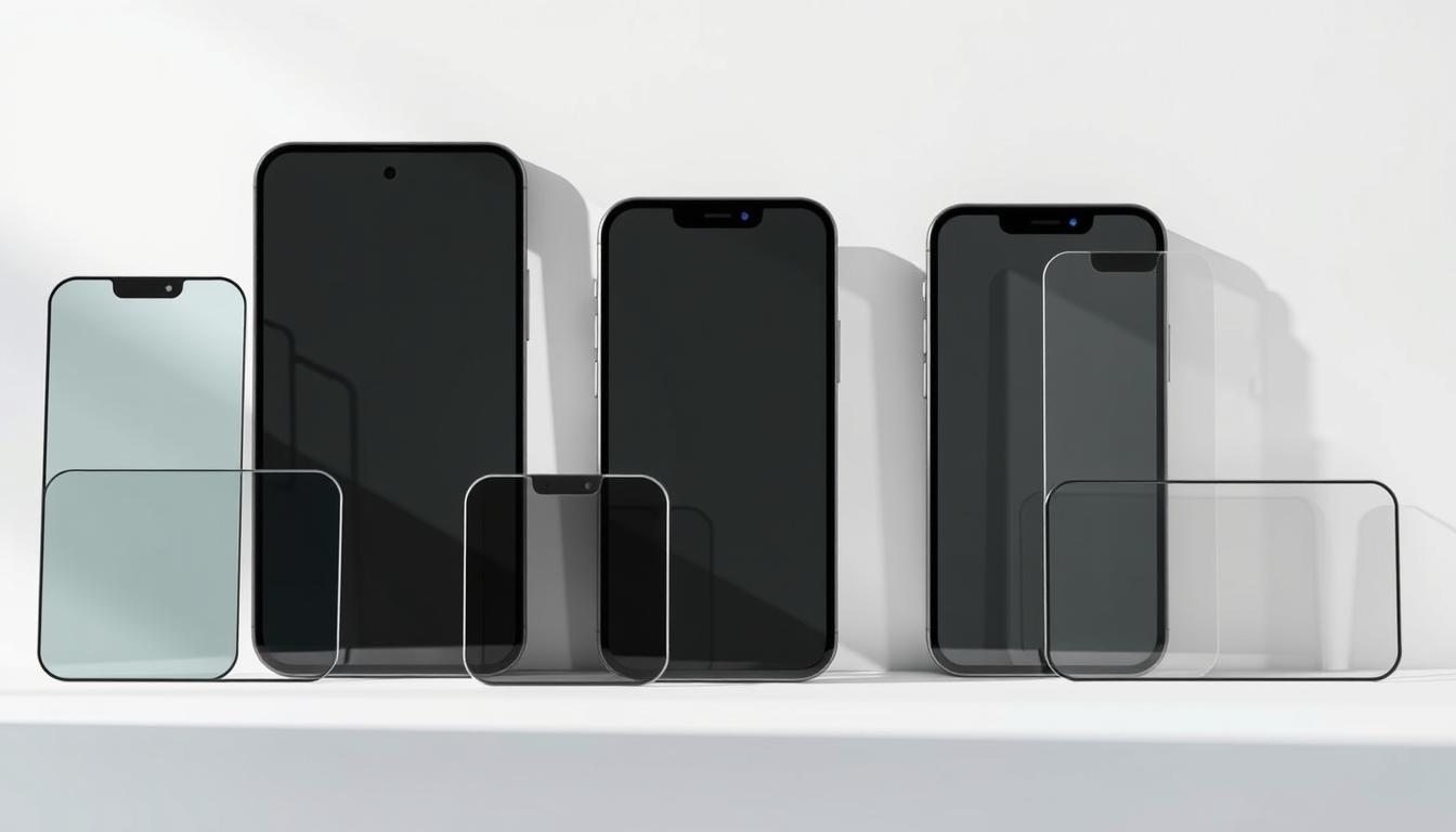 iPhone 16 Pro Tempered Glass Screen Protector Review – What to Buy in 2025 4 Premium iPhone16 Pro screen protectors displayed in an elegant, minimalist arrangement. Tempered glass panels in various sizes and finishes - matte, glossy, tinted - arranged neatly against a clean, bright background. Soft, directional lighting highlights the smooth surfaces and rounded edges, conveying a sense of quality and refinement. The protectors are slightly elevated, casting delicate shadows that add depth and dimension. The overall composition is visually balanced, with the protectors taking center stage and the background fading into a subtle, neutral tone that allows the products to shine.