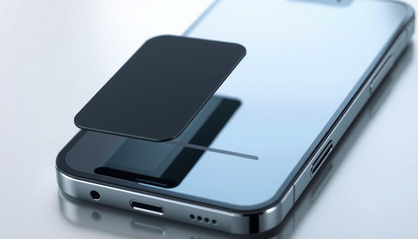Best Privacy Screen Protector for iPhone 15 Pro Max – Anti-Spy Tempered Glass Guide 2025 3 Detailed close-up view of a sleek, premium-looking privacy screen protector for the iPhone 15 Pro Max in 2025. The screen protector is made of sturdy, high-quality tempered glass with a slightly matte finish that reduces glare and reflections. Showcase the elegant, minimalist design with sharp edges and rounded corners that seamlessly blends with the phone's aesthetic. Capture the screen protector in crisp, high-resolution focus under soft, diffused lighting that emphasizes its tactile, high-end feel. Angle the view to highlight the privacy filter that obscures the screen's contents from onlookers at wide viewing angles, ensuring discreet, secure use in public spaces.